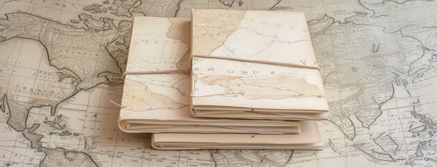 Vintage Travel Maps Piled on an Antique World Map
