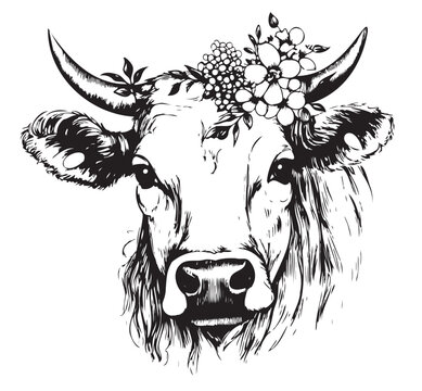 Vector graphic, artistic, stylized image of cow head.