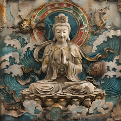 Fototapeta na wymiar Buddha Statue in Temple, Buddha Statue with Copy Space, Generative AI