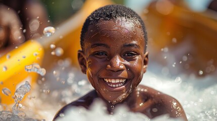 Fototapeta na wymiar A African boy having fun in water in water park with a blurry backdrop and water splashes and space for text or product, Generative AI.