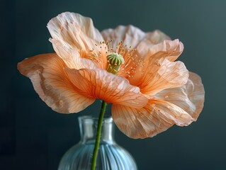 oft toned photo of a poppy in a simple glass vase, dark background, elegant, fine art style pure beauty