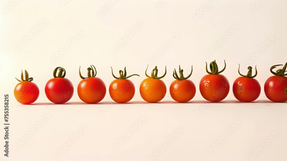 Poster a row of plump cherry tomatoes each one a different shade of red and adorned with a small green stem