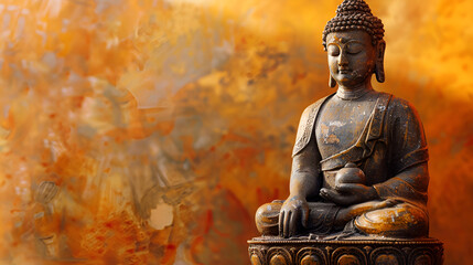 Buddha Statue with autumn leaves backgroung, Copy Space, Generative AI