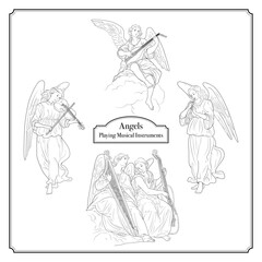 線画で描かれた楽器を演奏する天使達