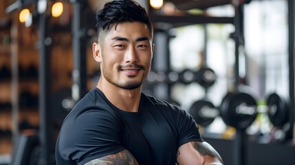 Obraz premium Japanese Male Personal Trainer Smiling with Gym Background