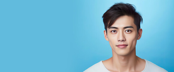 Elegant handsome young male guy Asian, on blue background, banner, copy space, portrait.