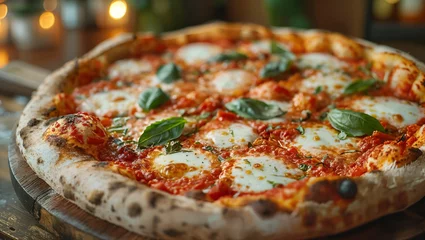 Zelfklevend Fotobehang Artisan pizza, wood-fired oven, lively Italian pizzeria scene © akarawit