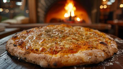 Poster Artisan pizza, wood-fired oven, lively Italian pizzeria scene © akarawit