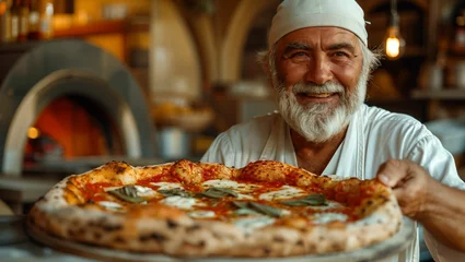 Fototapeten Artisan pizza, wood-fired oven, lively Italian pizzeria scene © akarawit