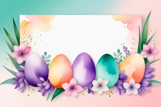 Celebrating Easter mockup, holiday greeting card watercolor with hyacinths and colored eggs.