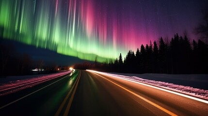 Northern lights. The road is in motion at night - obrazy, fototapety, plakaty