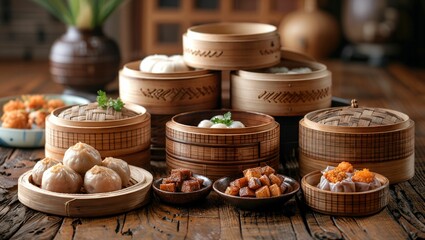 Dim sum assortment, traditional bamboo steamers, authentic