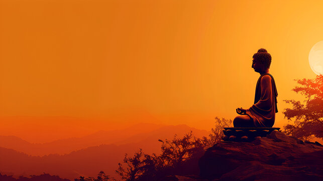 Buddha statue with redness after sun setting background, Buddha Statue and Buddhist Illustration with Copy Space, ai generated