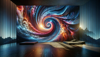 Abstract background with a dimensional portal showcasing colorful swirls, multicolored vortex energy, and cosmic spiral waves. - obrazy, fototapety, plakaty
