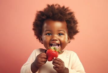 A happy and curly-haired toddler enjoying a strawberry - obrazy, fototapety, plakaty