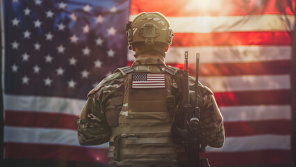 American military soldier against USA flag honoring Veterans. Memorial Day and Veterans Day banner generative ai