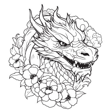 Dragon head in flowers, sketch drawn by hand. Symbol of the New Year Myths and legends