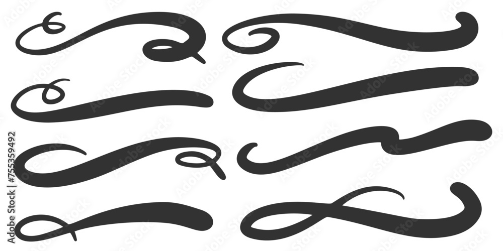 Poster swoosh vector lines. hand drawn swash and swish strokes with swirl tail. calligraphy squiggle waves.