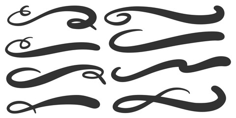 Swoosh vector lines. Hand drawn swash and swish strokes with swirl tail. Calligraphy squiggle waves. Doodle decorative marker flourish. - obrazy, fototapety, plakaty