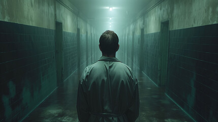 Man walking down the hallway of a prison - obrazy, fototapety, plakaty