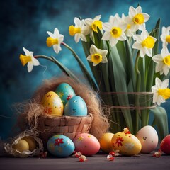 Easter eggs and daffodils basket