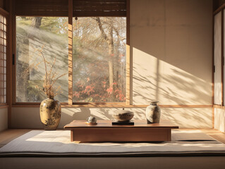 Japanese tearoom with traditional table, teapot, large window, seat cushions, and cheery blossoms view through window