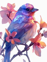 Beautiful colorful bird with flowers with iridescent opalescent colours style