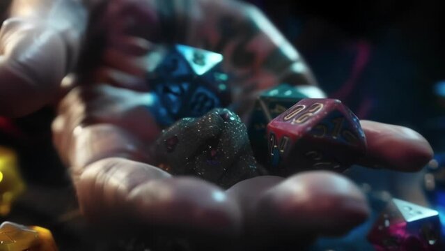 A closeup of a game masters hand ready to roll a set of dice determining the outcome of a characters actions and adding an element of unpredictability.