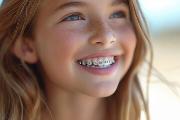 child's smile with braces close-up on straight white teeth - obrazy, fototapety, plakaty