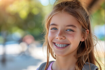 little girl smiles widely demonstrating braces on her teeth, dental care concepts - obrazy, fototapety, plakaty