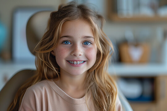 Little girl with braces smiles widely in the dental chair, dental care concept