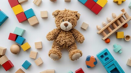 Childhood Delight: Teddy Bear and Wooden Toys Background, GENERATIVE AI
