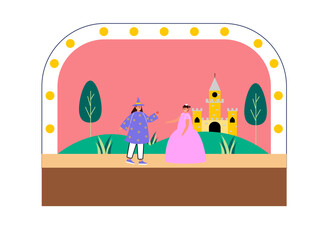 Kids is performing a drama on stage. Theatre vector illustration.