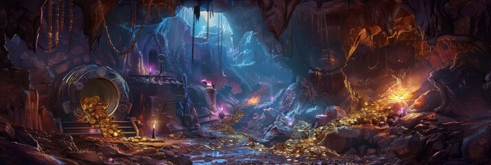 Cave of Wonders Filled with Gold- Set inside a vast cave brimming with gold coins, gem-encrusted goblets, and priceless artifacts, lit by the glow of torches created with Generative AI Technology - obrazy, fototapety, plakaty