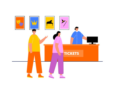 Spectators buy tickets at the counter. Theatre vector illustration.