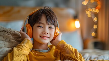 A cheerful Asian little boy listening music in headphone sitting in bedroom with a blurry backdrop and a big space for text or product, Generative AI.