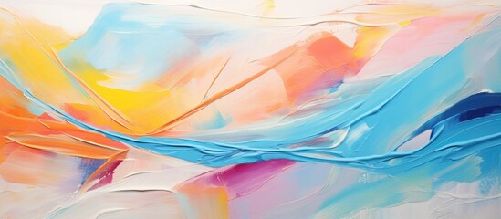 This abstract painting features vibrant blue, yellow, and pink colors blending together in a modern...