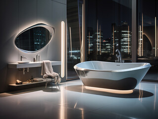 Modern bathroom features a bathtub and a large window that offers a stunning night view of the city