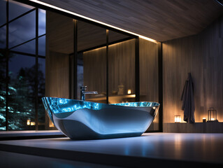Modern bathroom design featuring an aluminum bathtub with an open air view