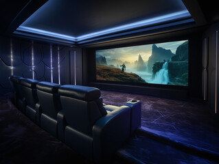 Modern theater featuring plush leather armchairs and an expansive screen illuminated by stylish lighting