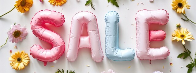 pink inflated, plump ,  three-dimensional text sale with flowers on white background . Discount, shopping concept. - obrazy, fototapety, plakaty