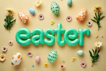 Fototapeta na wymiar green inflated, plump , three-dimensional text Easter with spring flowers and eggs on beige background . Greeting card , seasonal holiday.