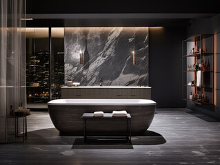 Modern design bathroom with marble bathtub and large window offers the night city view