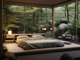 Minimal bedroom design with mattress on floor and large windows offering forest views