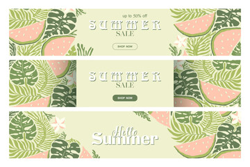 Summer sale vector banner templates collection with abstract watermelons, tropical plants, exotic flowers isolated on light green background. Illustration for advertising, card, website