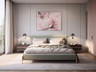 Modern bedroom features a painting above the bed and a cabinet for storage