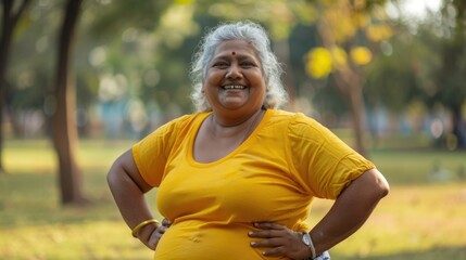 smiling overweight indian senior sportswoman with hands on waist