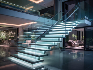 Modern stairs with glass handrail and white lights on every step

