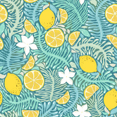 Seamless vector pattern with hand drawn abstract plants, exotic flowers and lemons isolated on white background. Illustration template for fashion prints, fabric, wallpaper, card