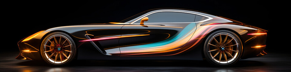 Racing car flaunts aerodynamic body kit upgrades against energetic outdoor backdrop, exuding speed.